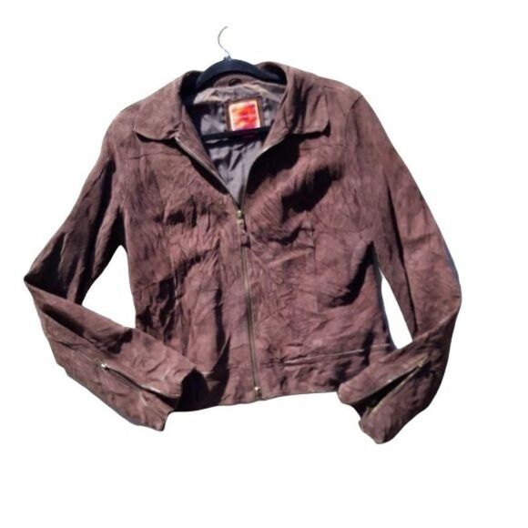 Isaac Mizrahi Leather Suede Jacket Moto Distressed Crinkle Textured Brown Sz M - Picture 1 of 14